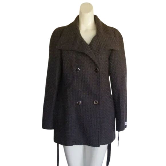 new CALVIN KLEIN Overcoat, S, Basket weave, Gray, Sash Belt, Double Breasted - Picture 8 of 15